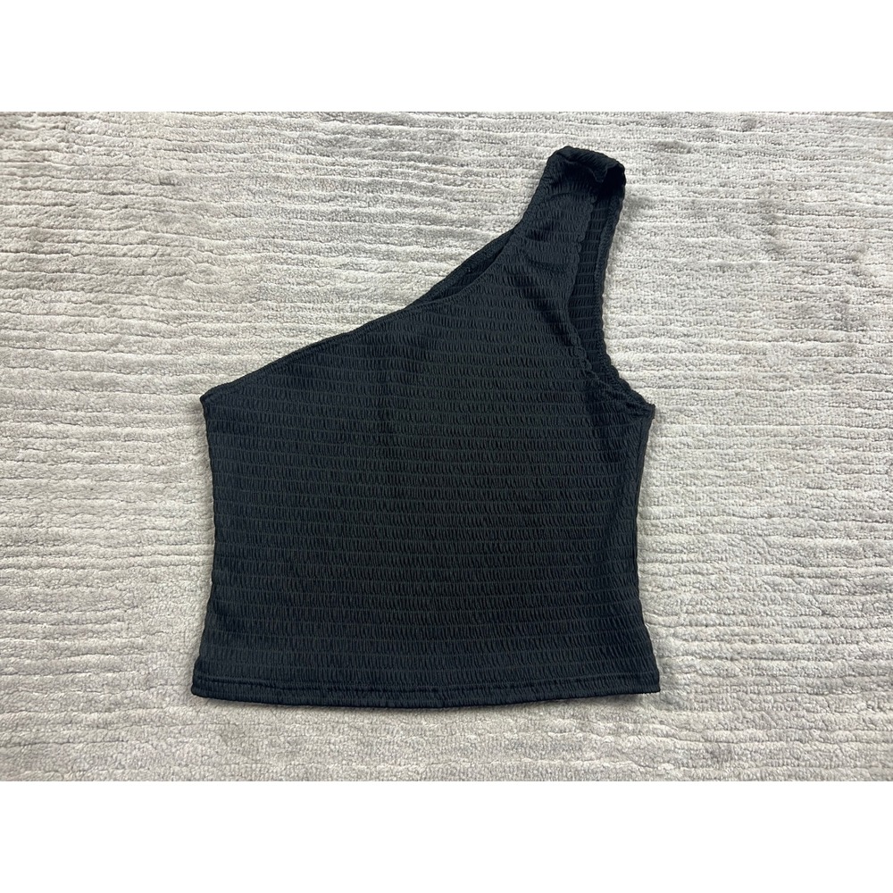 Forever 21 Tank Top Womens Med Black One Shoulder‎ Smocked Cropped Asymmetrical